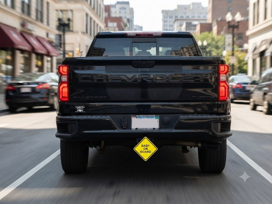 Baby on Board hitch cap mounted on a black truck's receiver hitch