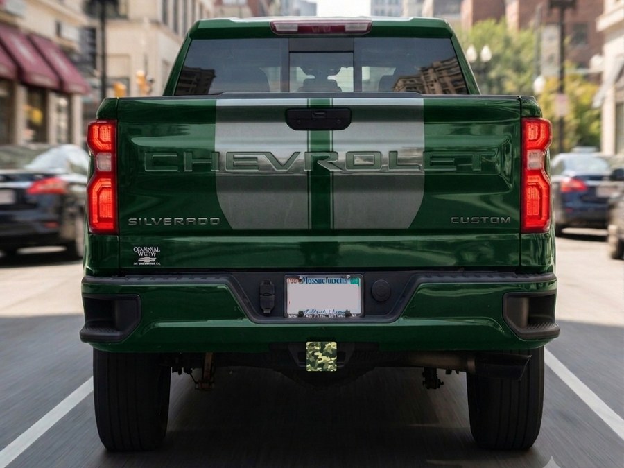 Green camo hitch cap mounted on a green truck's receiver hitch